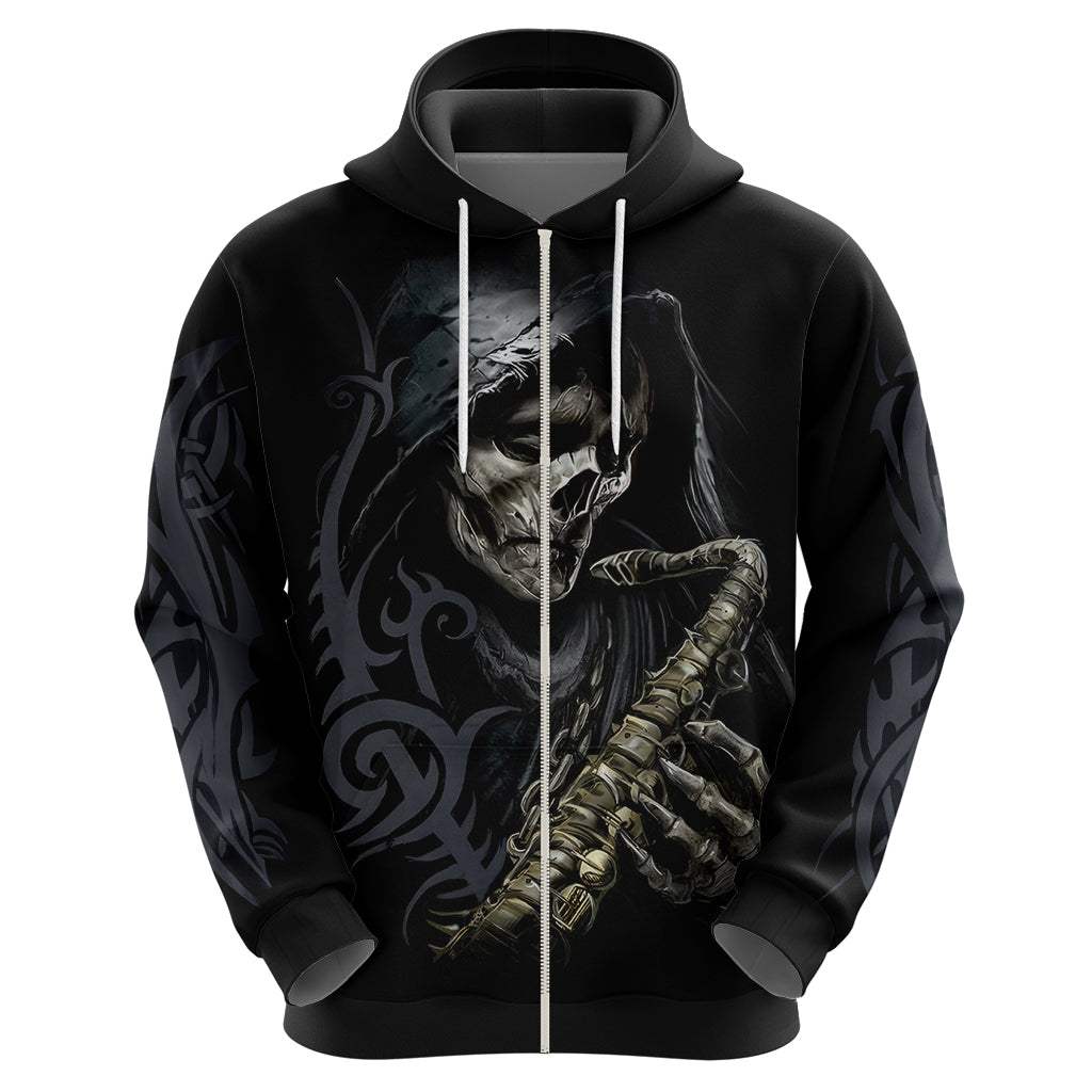 Black pullover hoodie front view with skull and skeleton holding guitar, full chest print