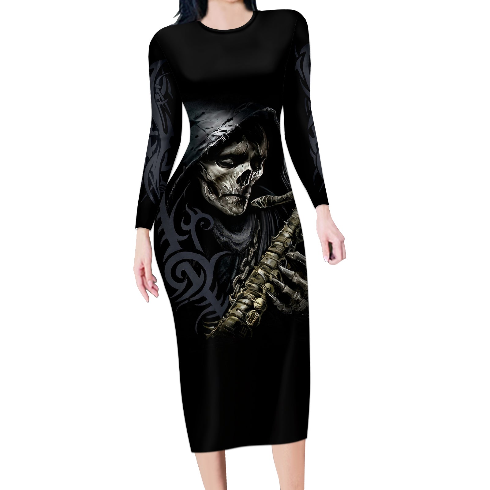 Skull Long Sleeve Bodycon Dress Musician Of Death - Wonder Print Shop