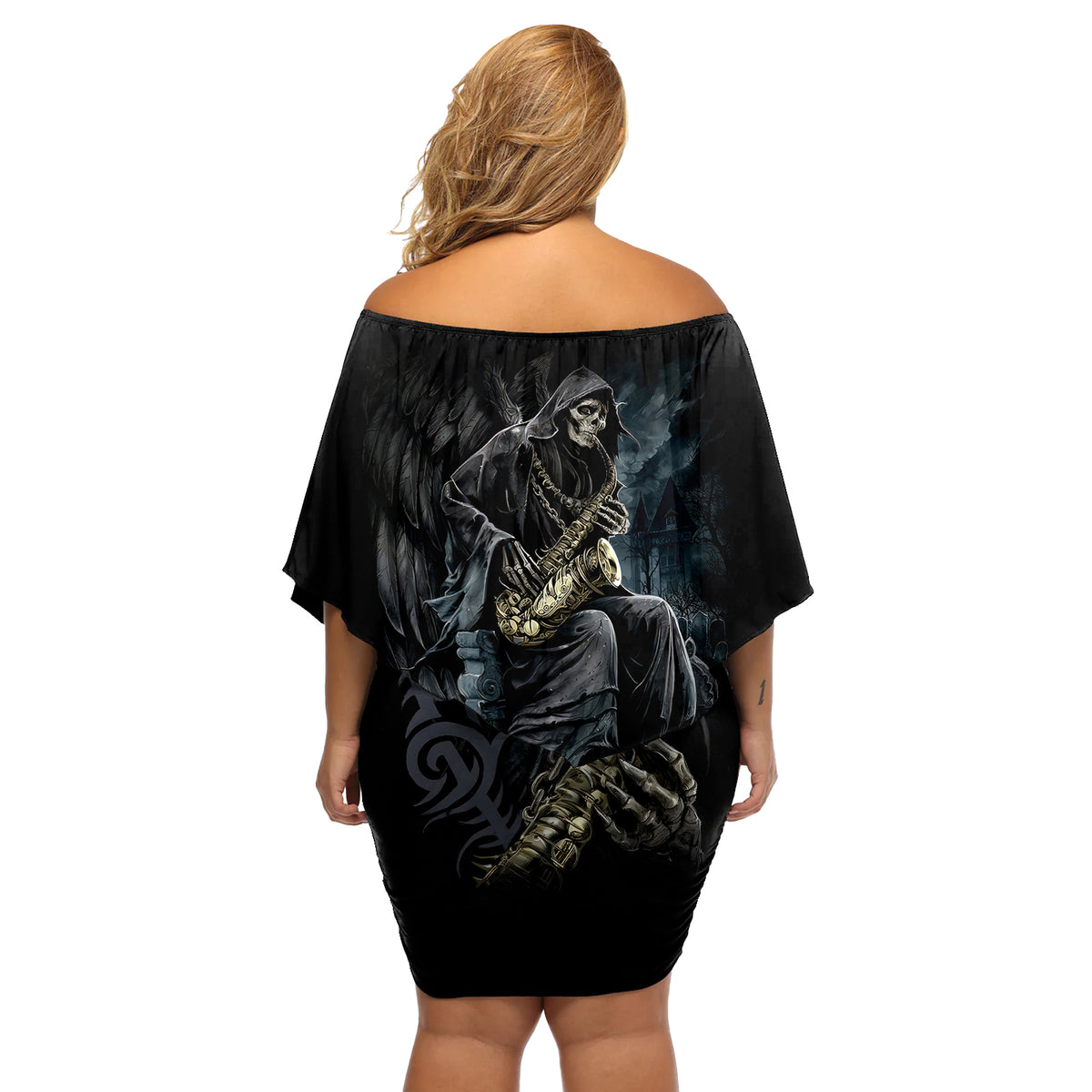Skull Off Shoulder Short Dress Musician Of Death - Wonder Print Shop