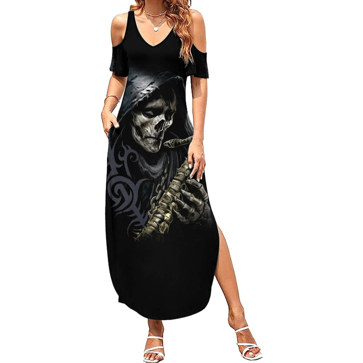 Skull Summer Maxi Dress Musician Of Death - Wonder Print Shop