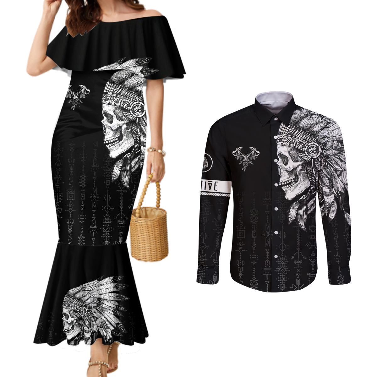 Skull Couples Matching Mermaid Dress and Long Sleeve Button Shirts Chief Skeleton DT01