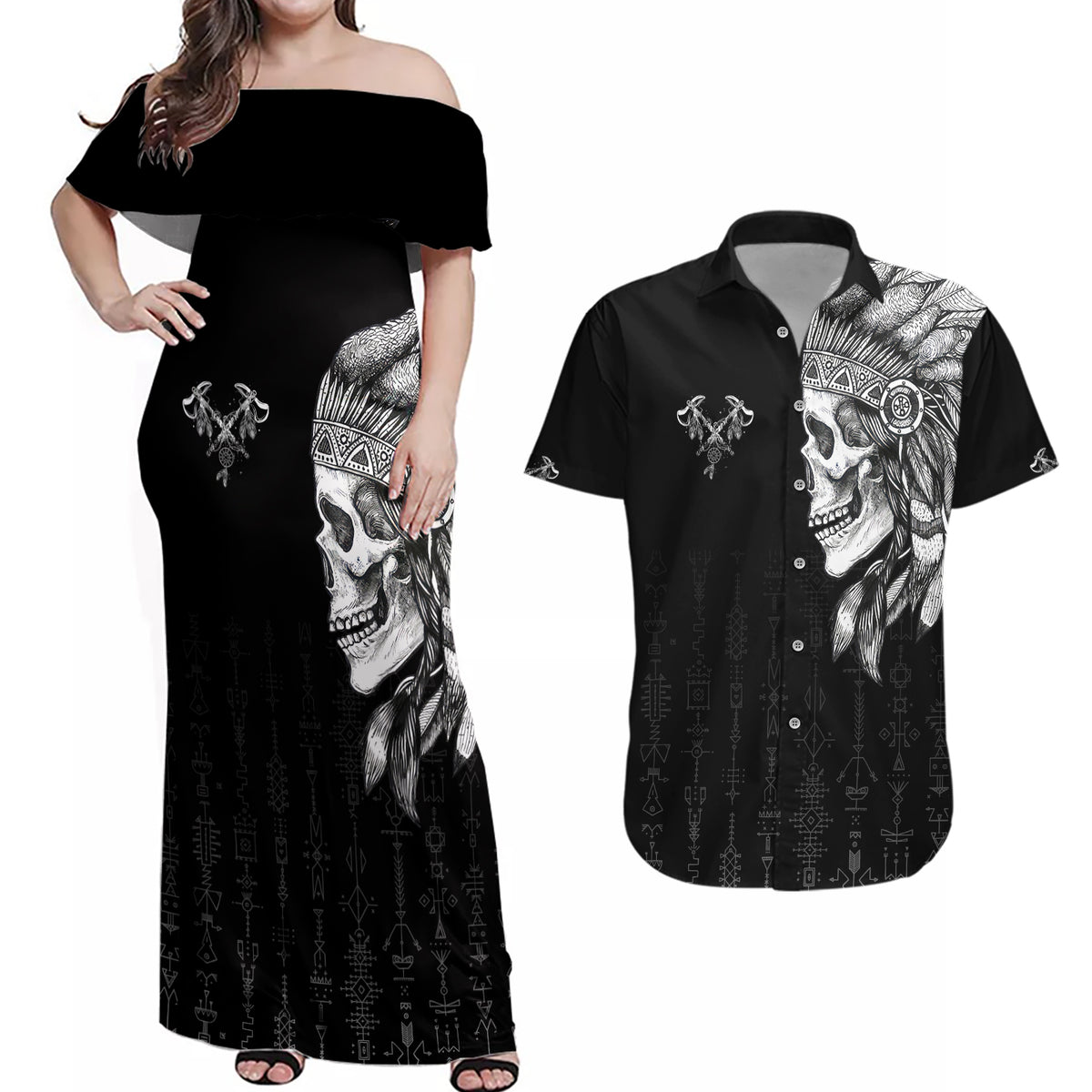 Skull Couples Matching Off Shoulder Maxi Dress and Hawaiian Shirt Chief Skeleton - Wonder Print Shop