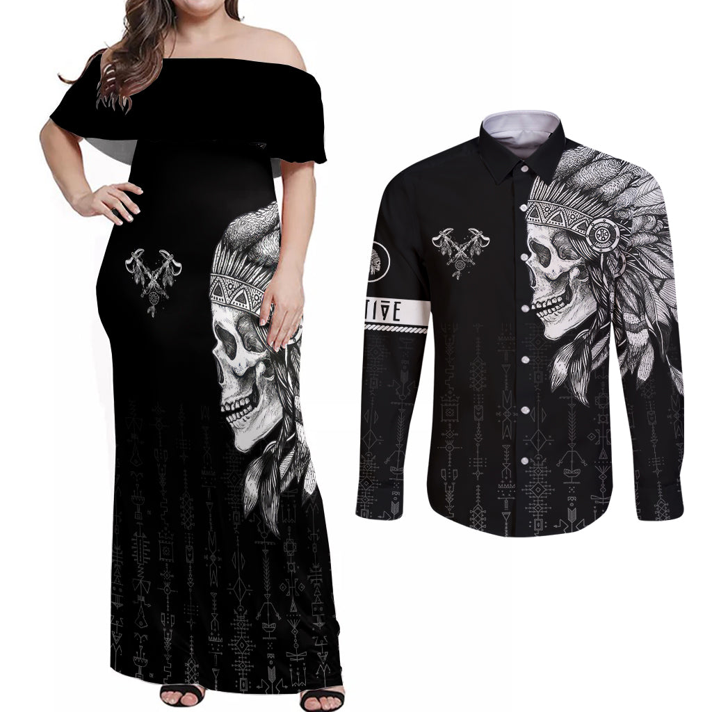 Skull Couples Matching Off Shoulder Maxi Dress and Long Sleeve Button Shirts Chief Skeleton - Wonder Print Shop