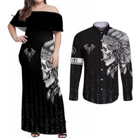 Skull Couples Matching Off Shoulder Maxi Dress and Long Sleeve Button Shirts Chief Skeleton - Wonder Print Shop