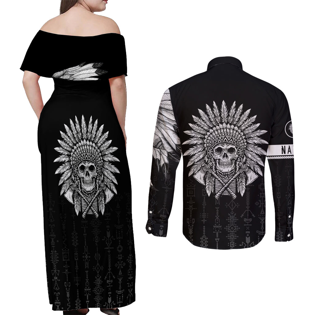 Skull Couples Matching Off Shoulder Maxi Dress and Long Sleeve Button Shirts Chief Skeleton - Wonder Print Shop