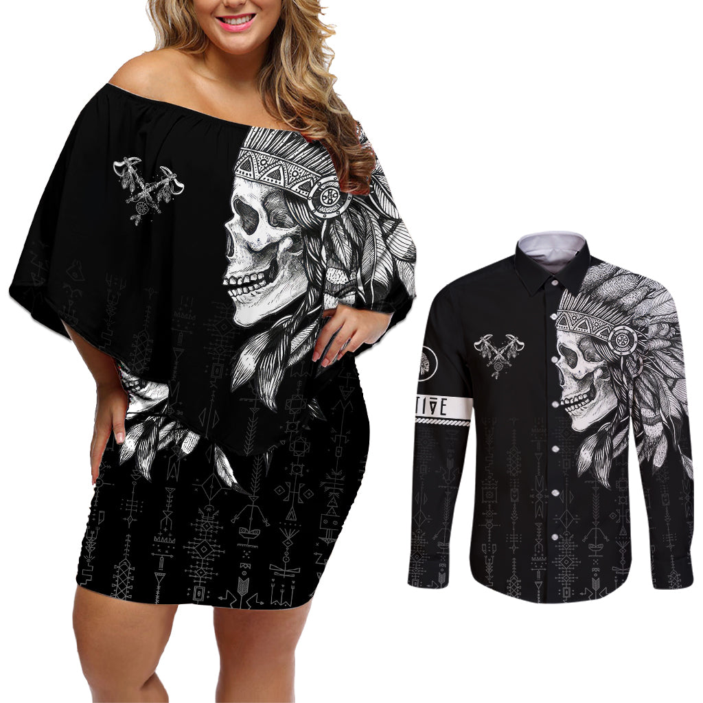Skull Couples Matching Off Shoulder Short Dress and Long Sleeve Button Shirts Chief Skeleton - Wonder Print Shop