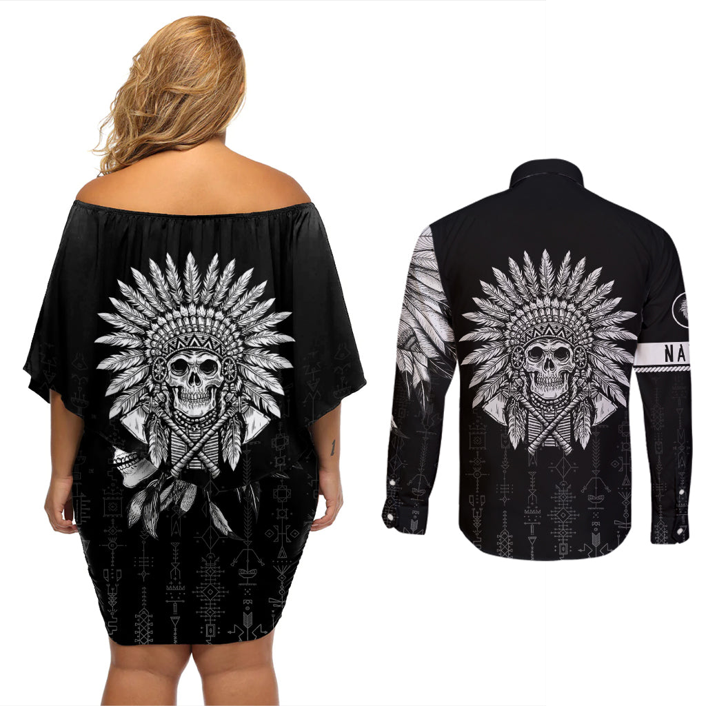 Skull Couples Matching Off Shoulder Short Dress and Long Sleeve Button Shirts Chief Skeleton - Wonder Print Shop