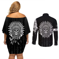 Skull Couples Matching Off Shoulder Short Dress and Long Sleeve Button Shirts Chief Skeleton - Wonder Print Shop