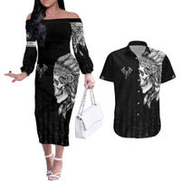 Skull Couples Matching Off The Shoulder Long Sleeve Dress and Hawaiian Shirt Chief Skeleton - Wonder Print Shop