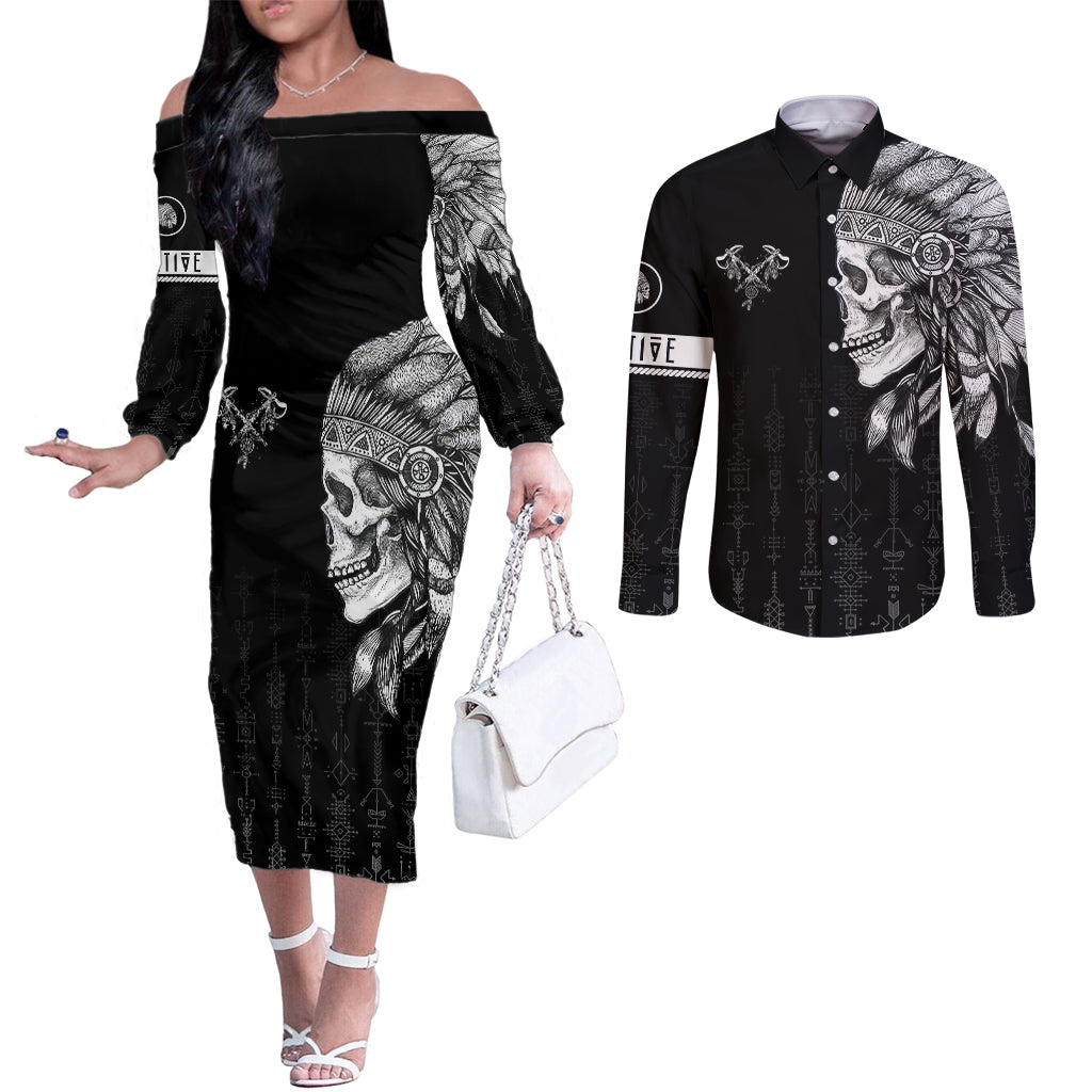 Skull Couples Matching Off The Shoulder Long Sleeve Dress and Long Sleeve Button Shirts Chief Skeleton DT01