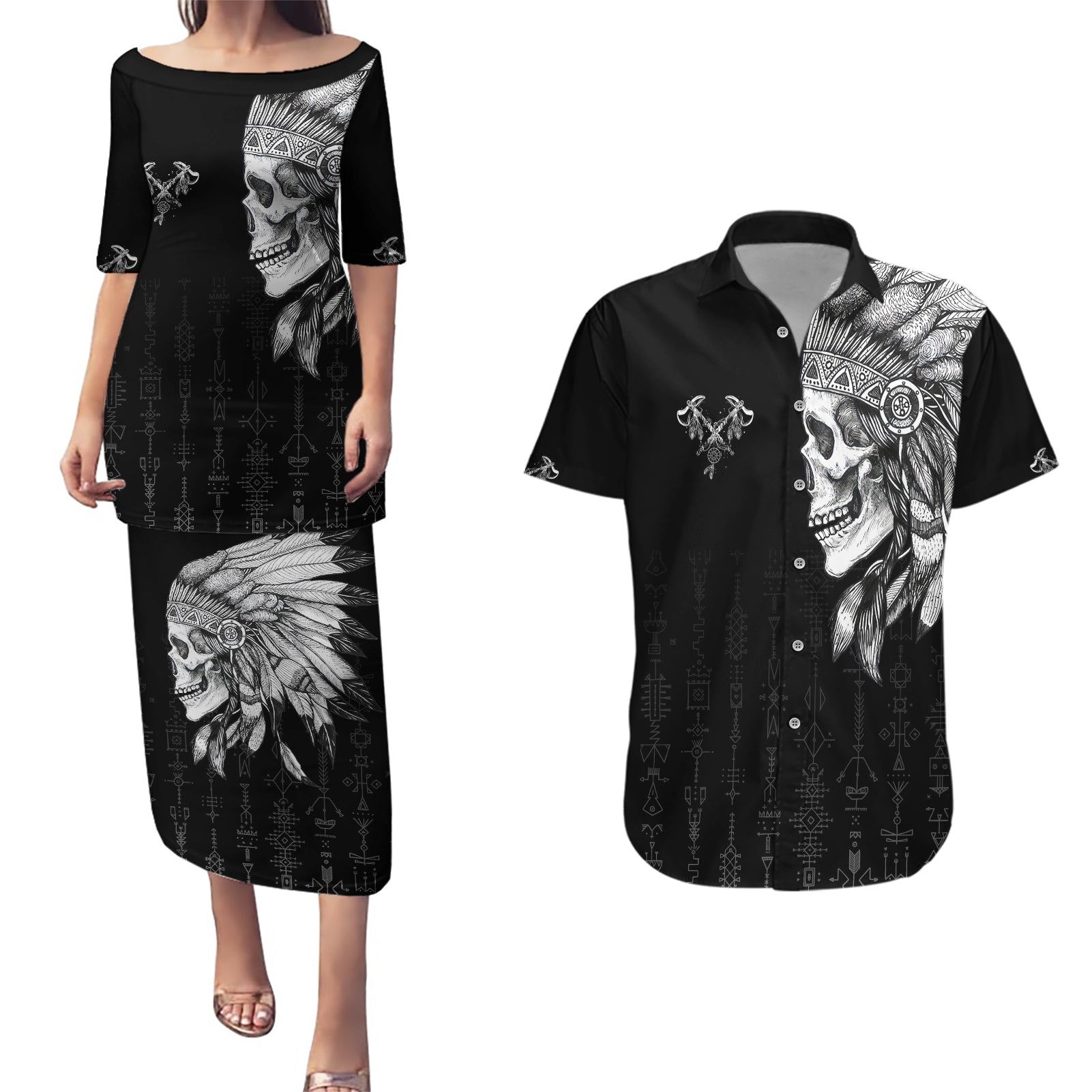 Skull Couples Matching Puletasi Dress and Hawaiian Shirt Chief Skeleton - Wonder Print Shop