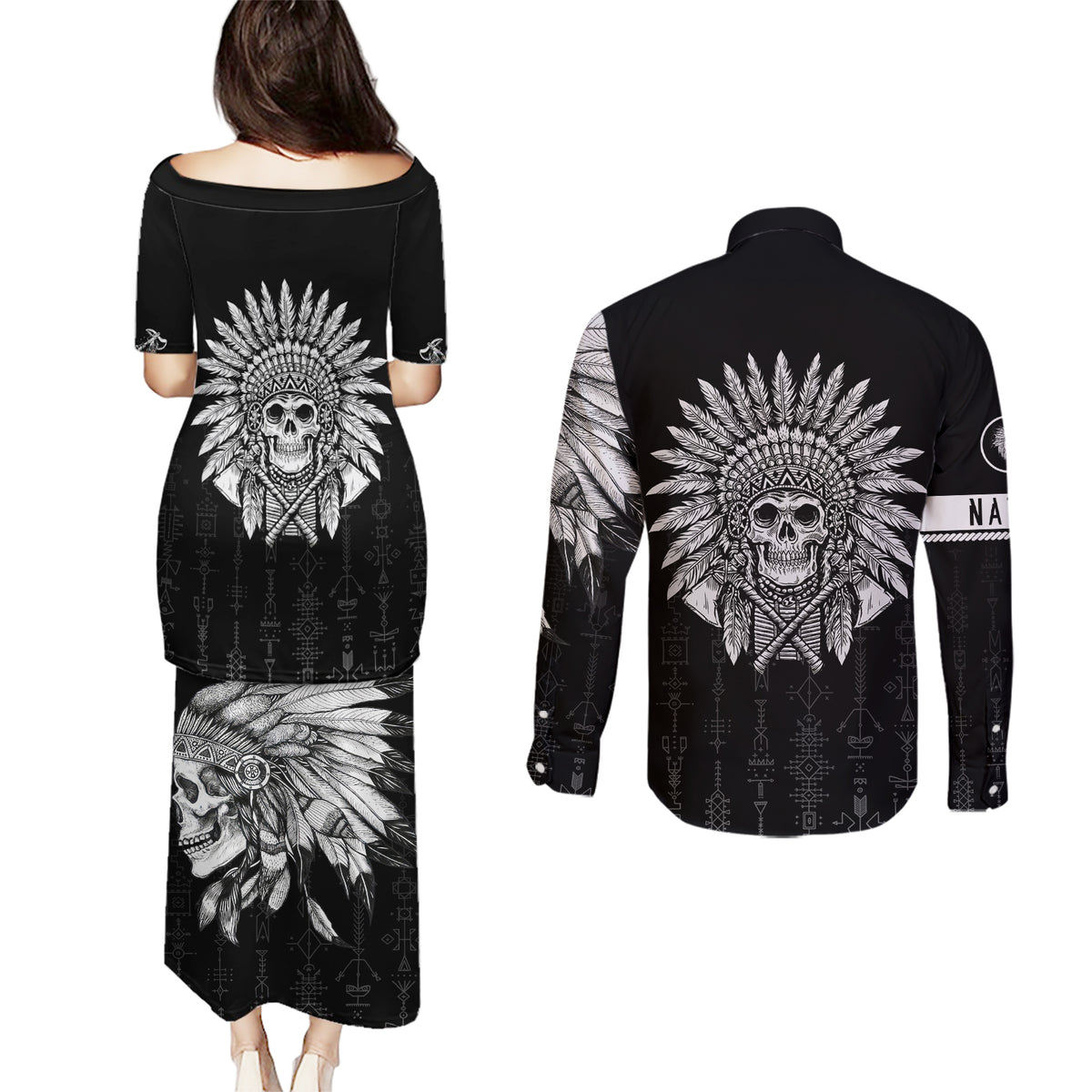 Skull Couples Matching Puletasi Dress and Long Sleeve Button Shirts Chief Skeleton - Wonder Print Shop