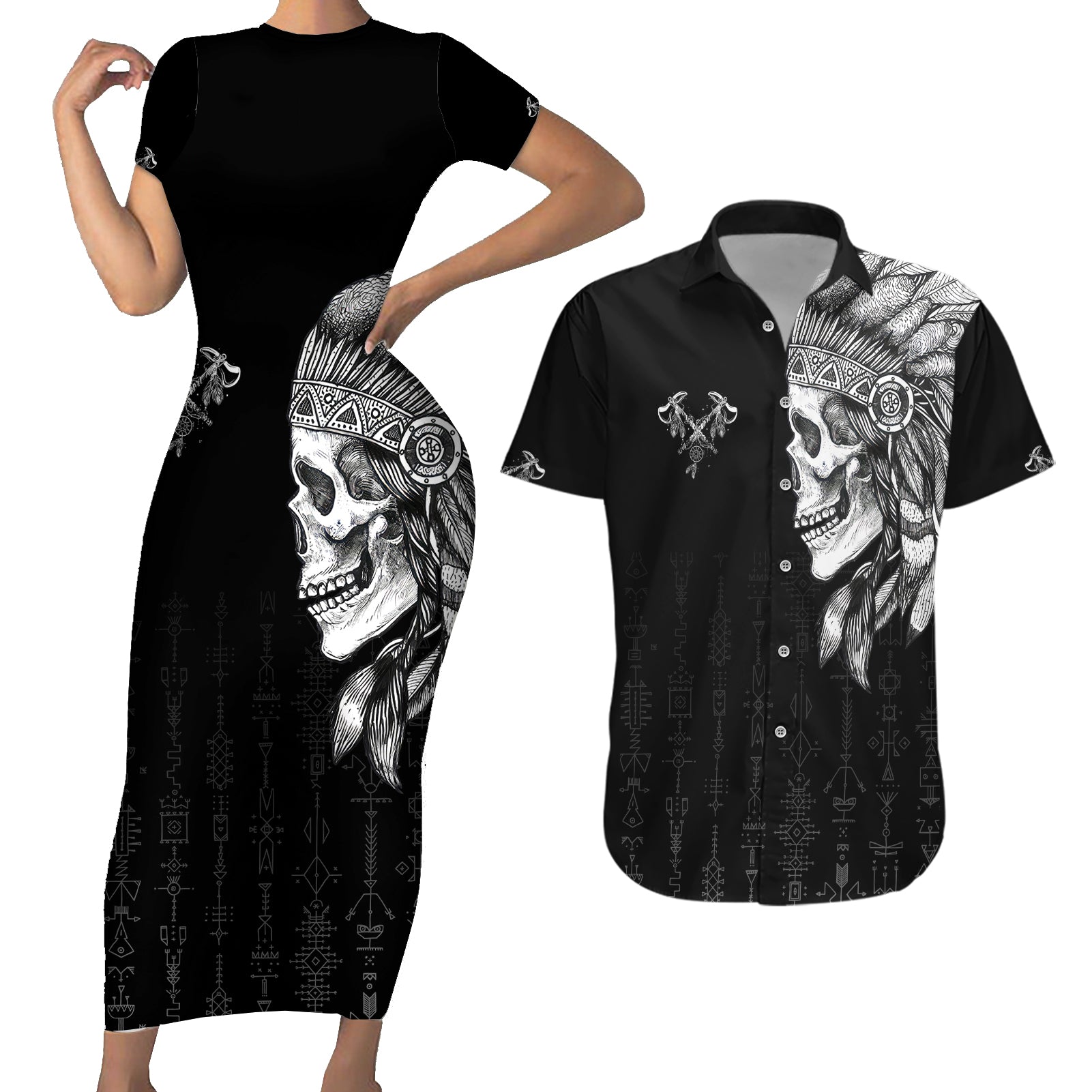 Skull Couples Matching Short Sleeve Bodycon Dress and Hawaiian Shirt Chief Skeleton - Wonder Print Shop
