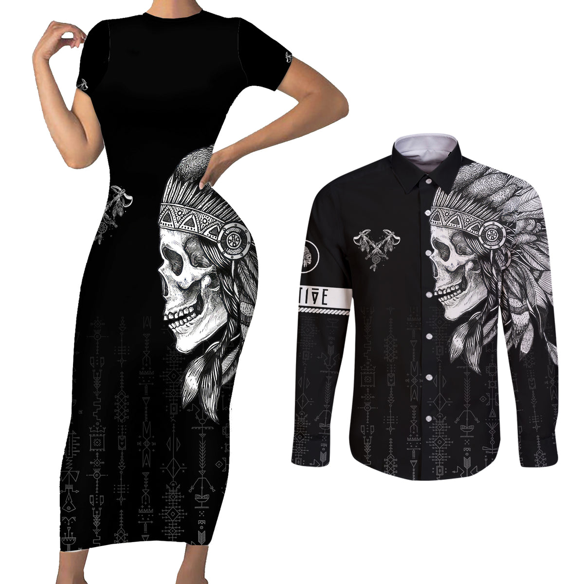 Skull Couples Matching Short Sleeve Bodycon Dress and Long Sleeve Button Shirts Chief Skeleton - Wonder Print Shop
