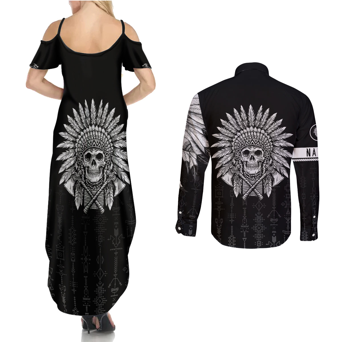 Skull Couples Matching Summer Maxi Dress and Long Sleeve Button Shirts Chief Skeleton - Wonder Print Shop