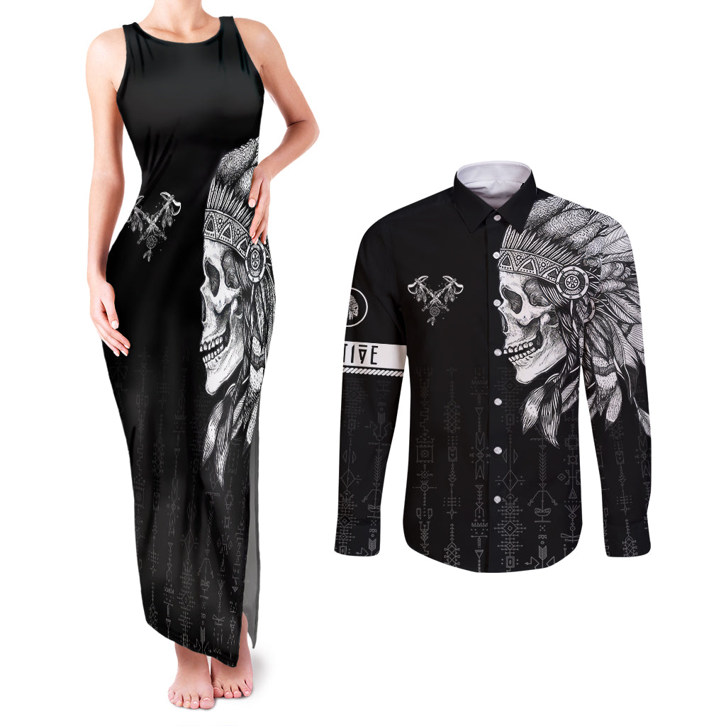 Skull Couples Matching Tank Maxi Dress and Long Sleeve Button Shirts Chief Skeleton - Wonder Print Shop