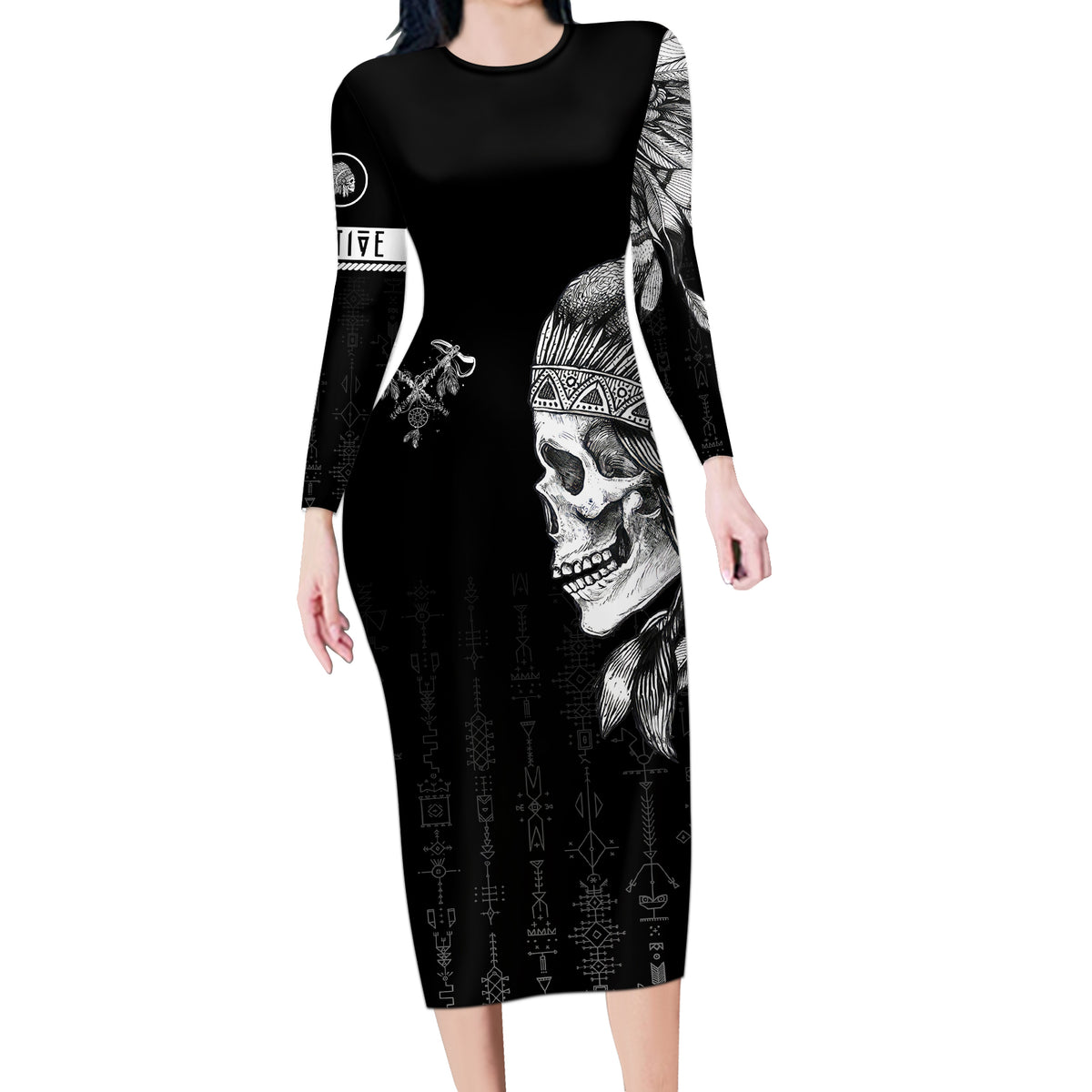 Skull Long Sleeve Bodycon Dress Chief Skeleton - Wonder Print Shop