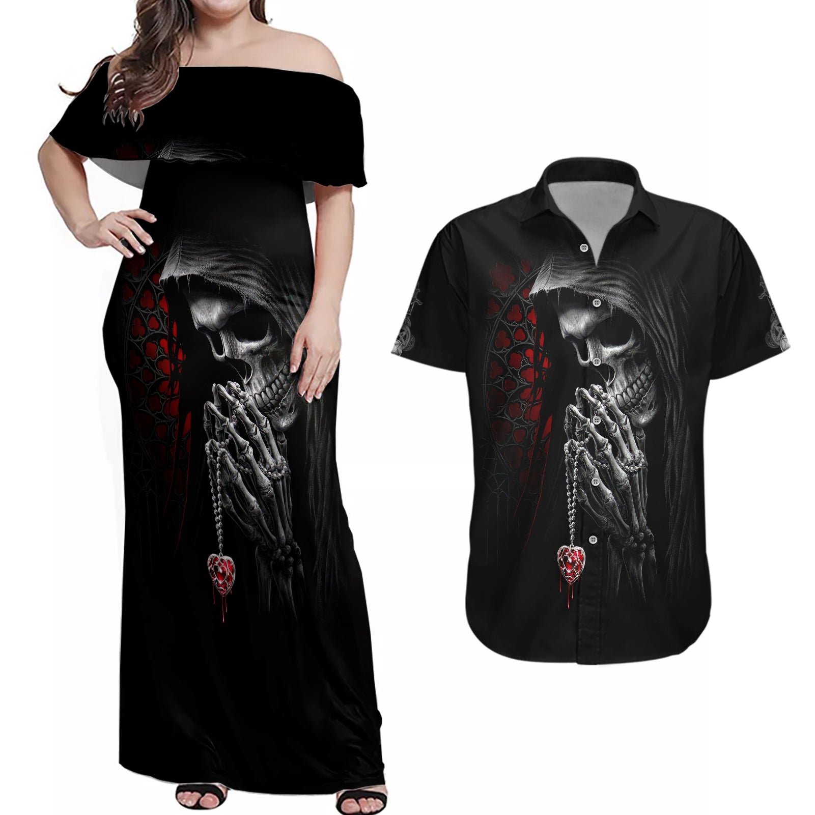 Skull Couples Matching Off Shoulder Maxi Dress and Hawaiian Shirt Death Angel In Love - Wonder Print Shop