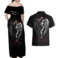 Skull Couples Matching Off Shoulder Maxi Dress and Hawaiian Shirt Death Angel In Love - Wonder Print Shop