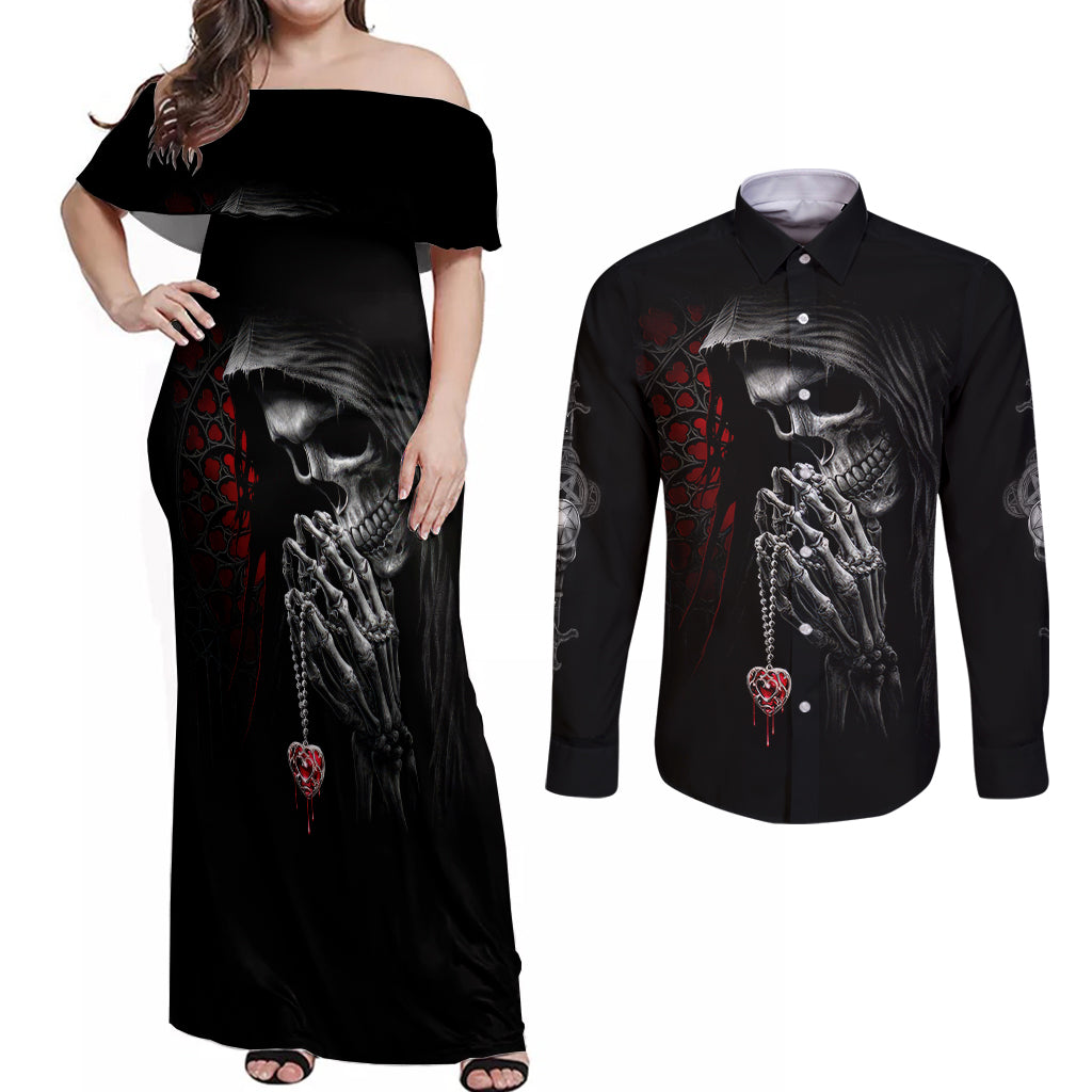 Skull Couples Matching Off Shoulder Maxi Dress and Long Sleeve Button Shirts Death Angel In Love - Wonder Print Shop