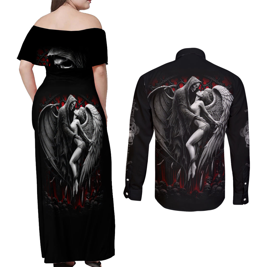 Skull Couples Matching Off Shoulder Maxi Dress and Long Sleeve Button Shirts Death Angel In Love - Wonder Print Shop