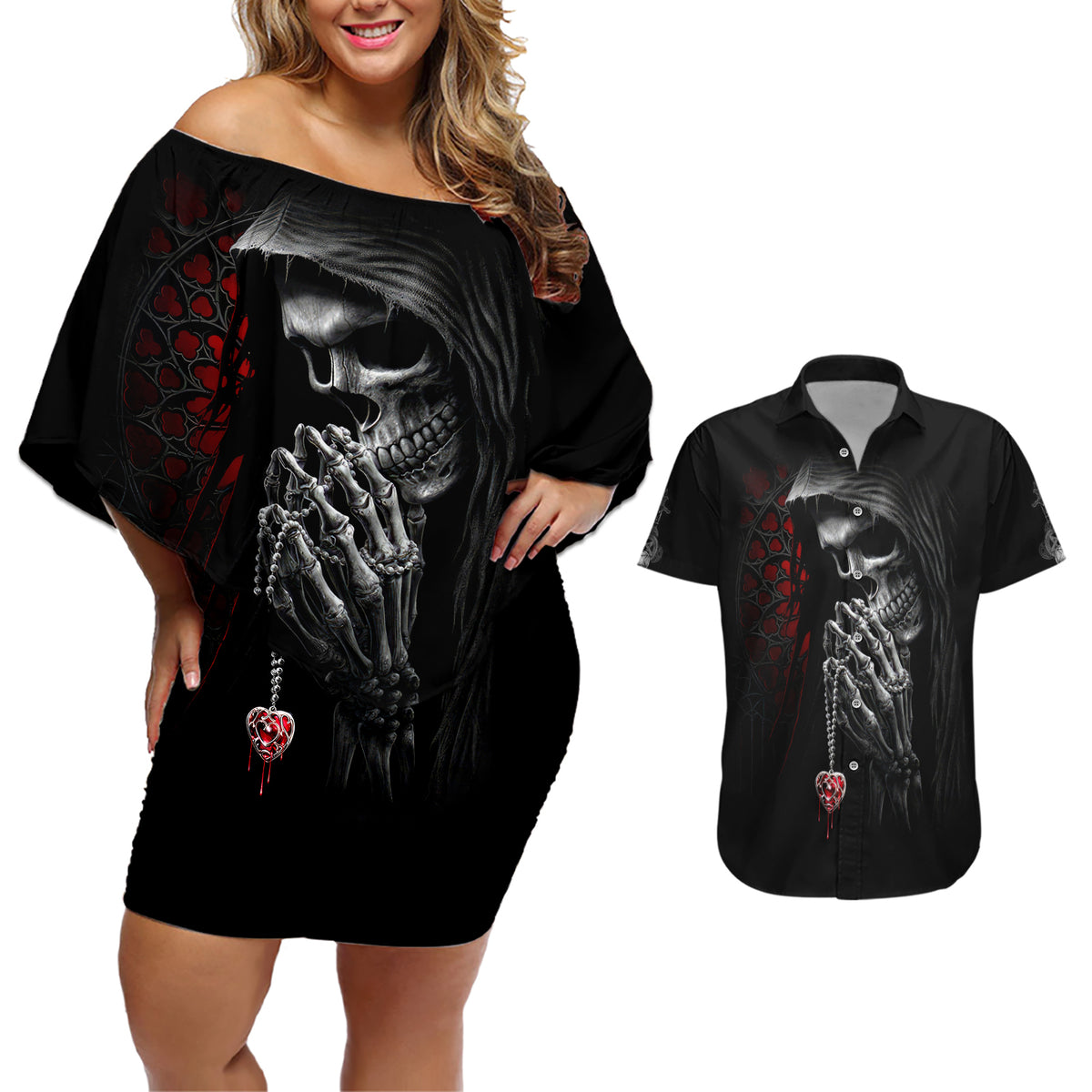Skull Couples Matching Off Shoulder Short Dress and Hawaiian Shirt Death Angel In Love - Wonder Print Shop