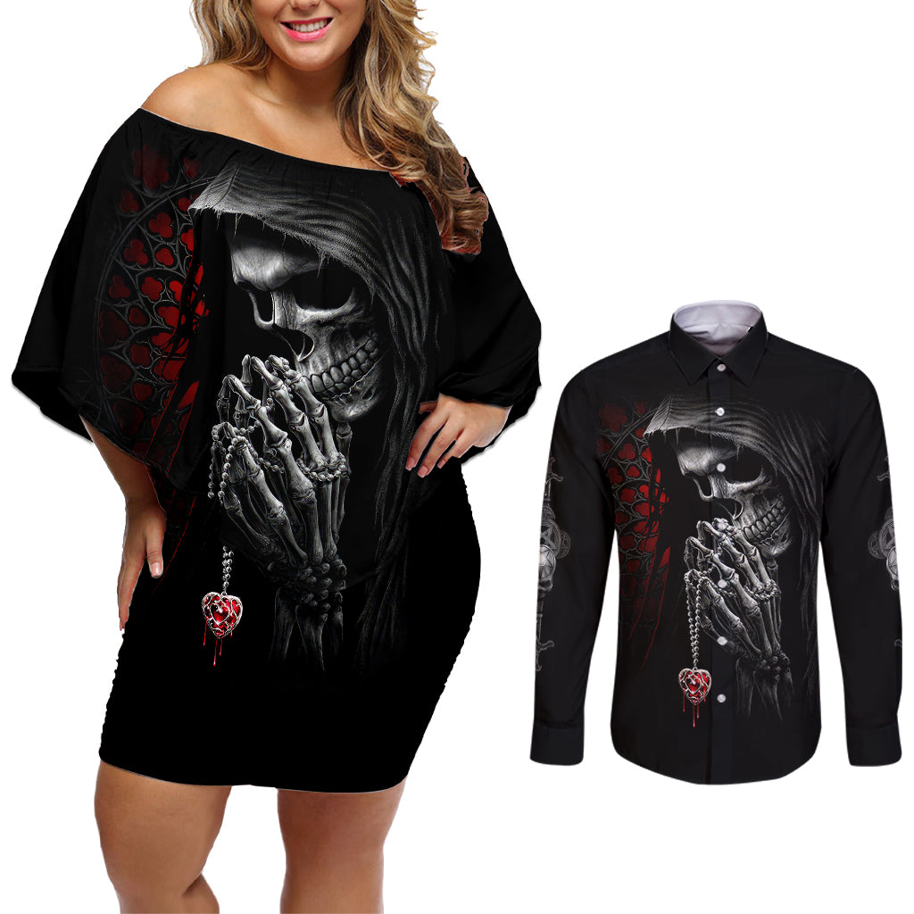 Skull Couples Matching Off Shoulder Short Dress and Long Sleeve Button Shirts Death Angel In Love - Wonder Print Shop