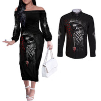 Skull Couples Matching Off The Shoulder Long Sleeve Dress and Long Sleeve Button Shirts Death Angel In Love DT01
