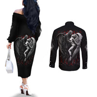 Skull Couples Matching Off The Shoulder Long Sleeve Dress and Long Sleeve Button Shirts Death Angel In Love DT01