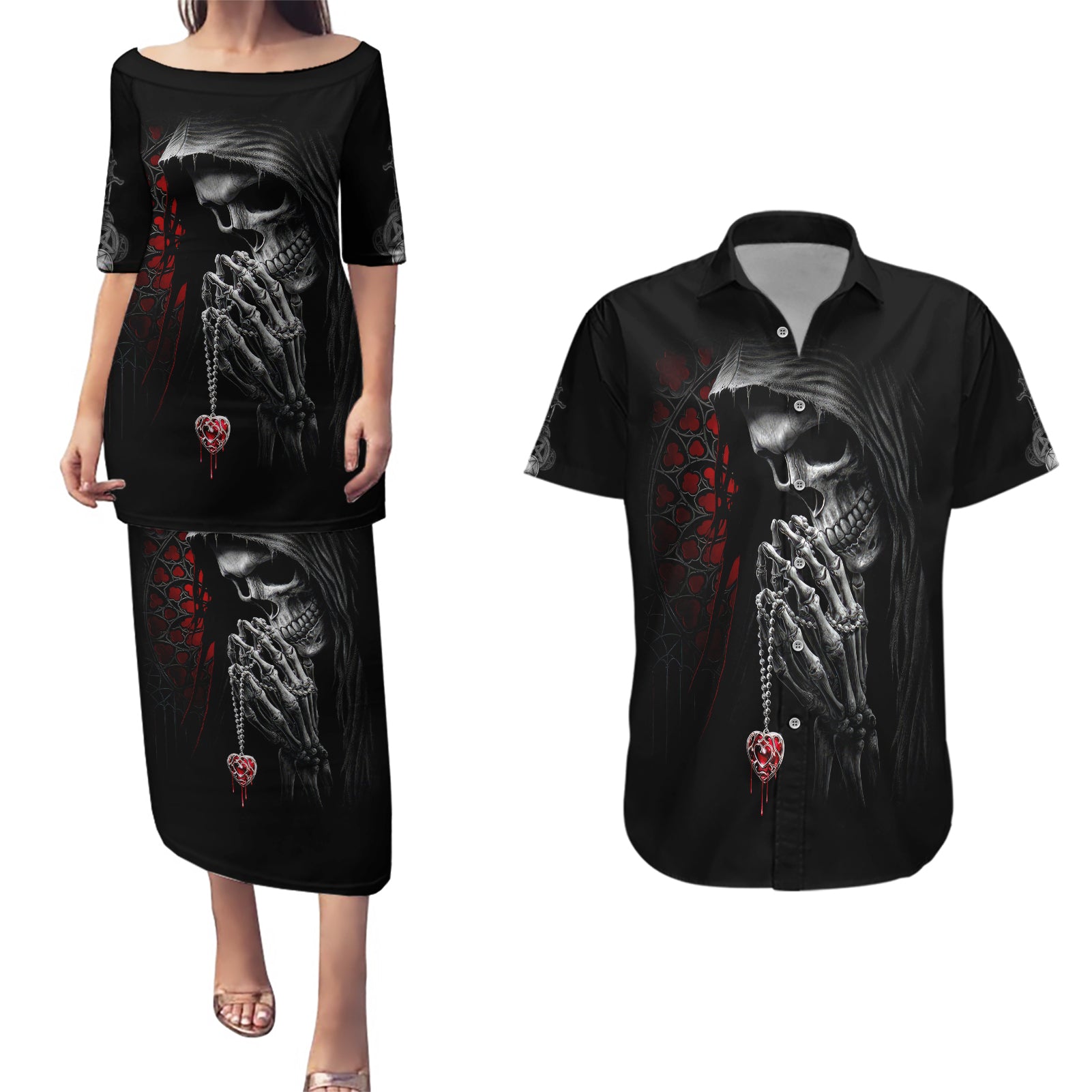 Skull Couples Matching Puletasi Dress and Hawaiian Shirt Death Angel In Love - Wonder Print Shop
