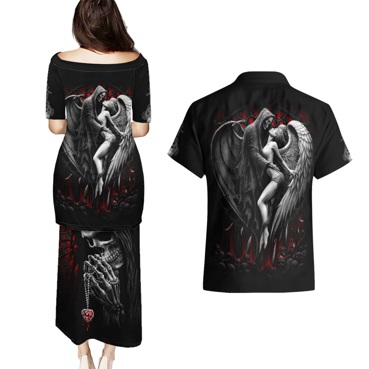 Skull Couples Matching Puletasi Dress and Hawaiian Shirt Death Angel In Love - Wonder Print Shop
