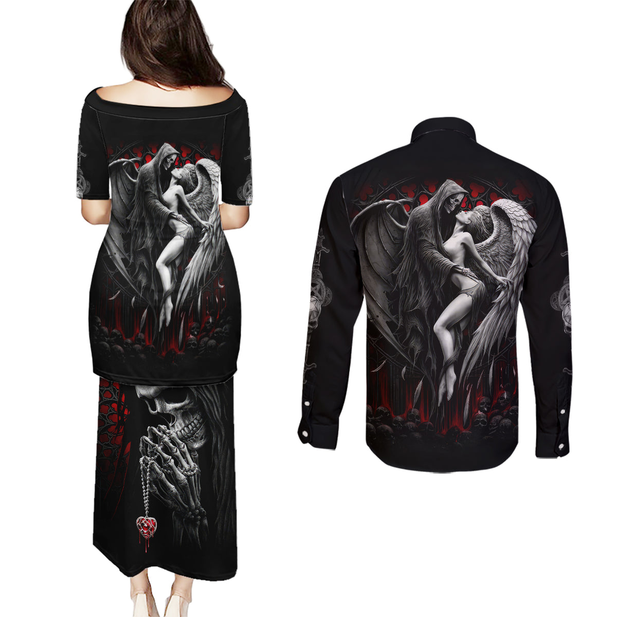 Skull Couples Matching Puletasi Dress and Long Sleeve Button Shirts Death Angel In Love - Wonder Print Shop
