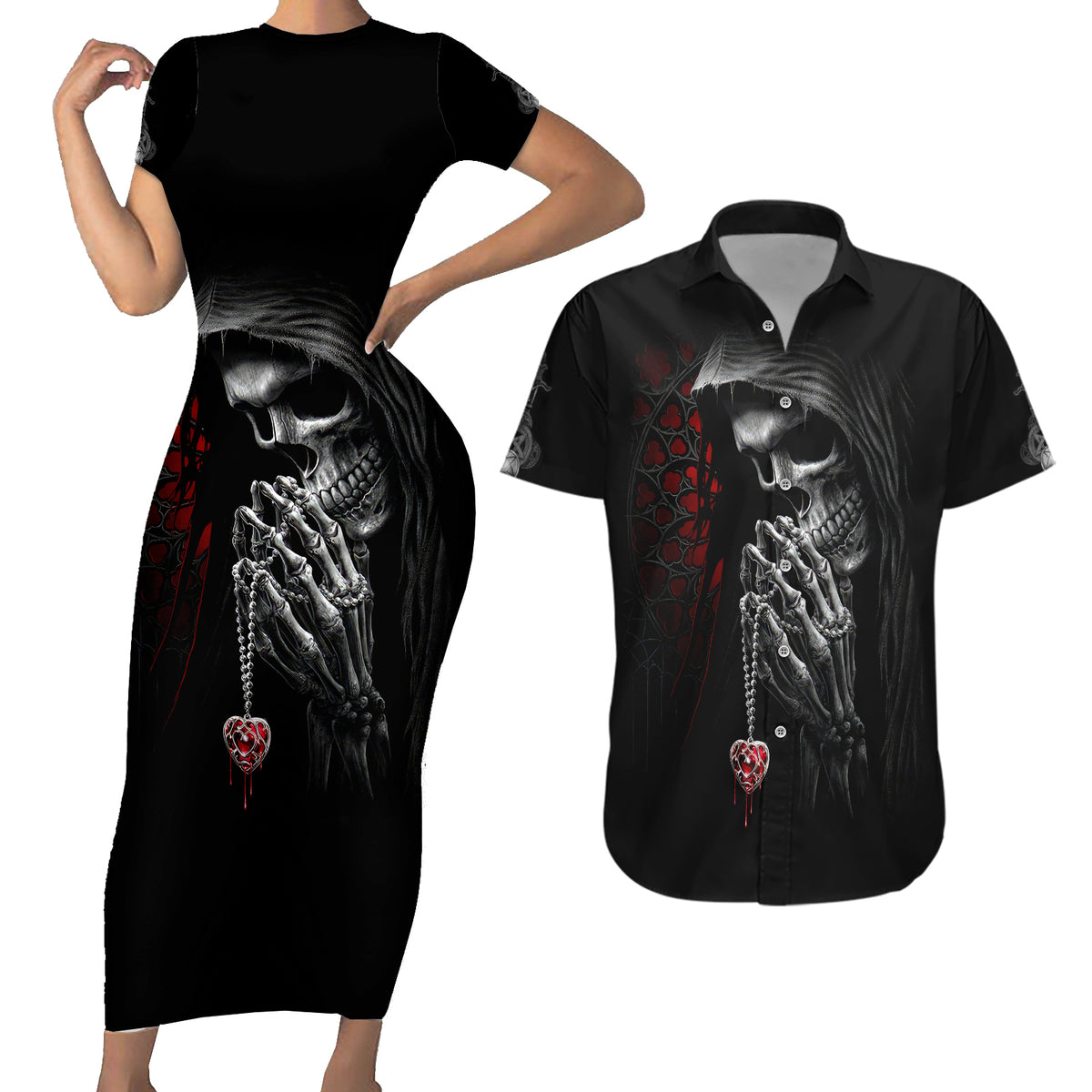 Skull Couples Matching Short Sleeve Bodycon Dress and Hawaiian Shirt Death Angel In Love - Wonder Print Shop