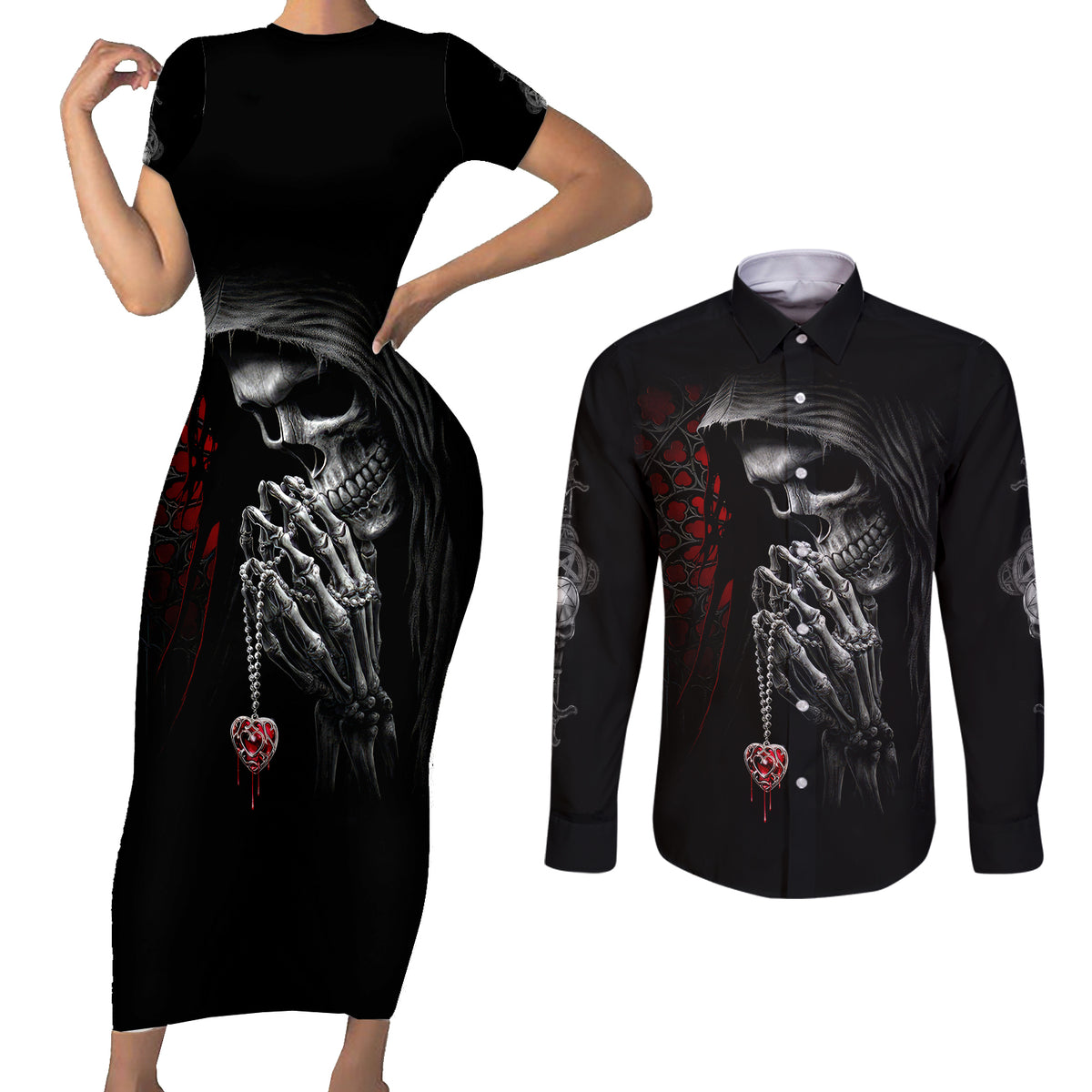 Skull Couples Matching Short Sleeve Bodycon Dress and Long Sleeve Button Shirts Death Angel In Love - Wonder Print Shop