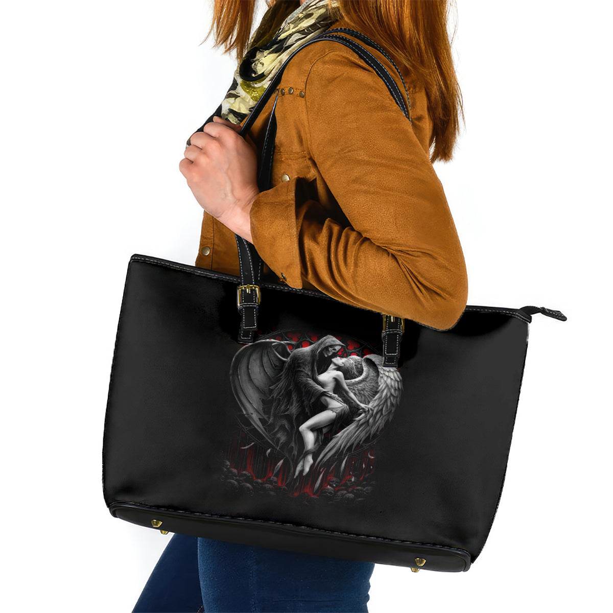 Skull Leather Tote Bag Death Angel In Love - Wonder Print Shop