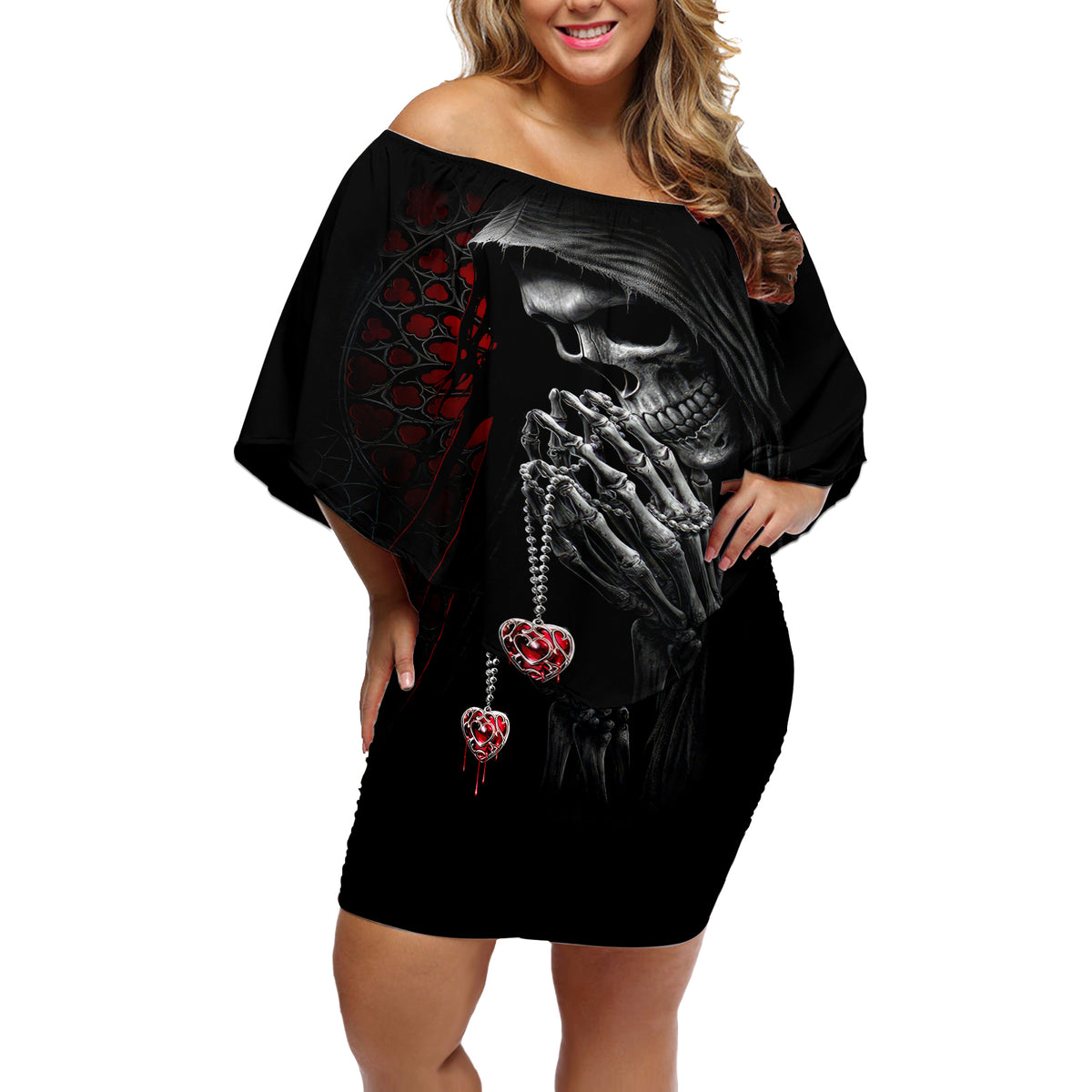 Skull Off Shoulder Short Dress Death Angel In Love - Wonder Print Shop