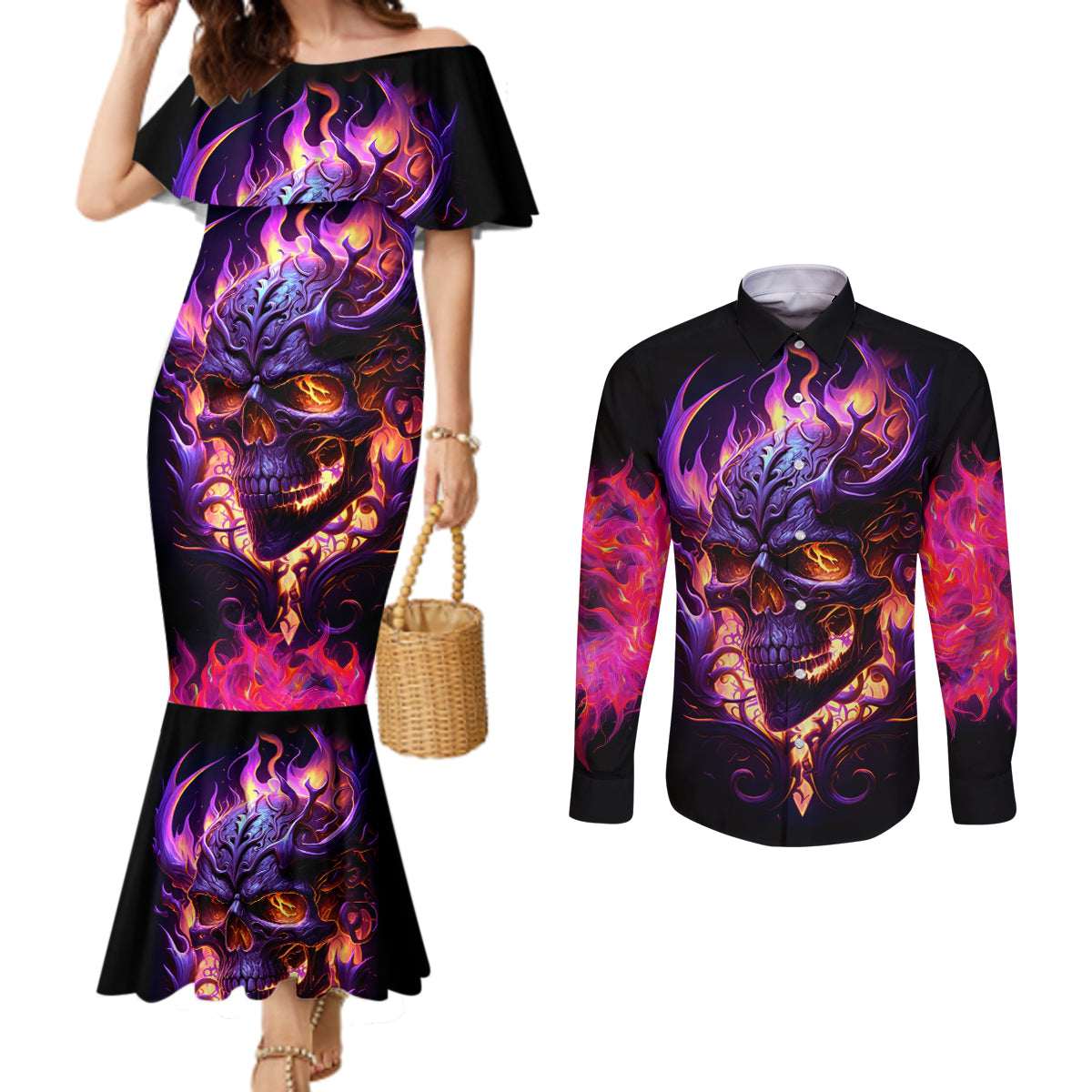 Skull Couples Matching Mermaid Dress and Long Sleeve Button Shirts Purple Skull Fire DT01