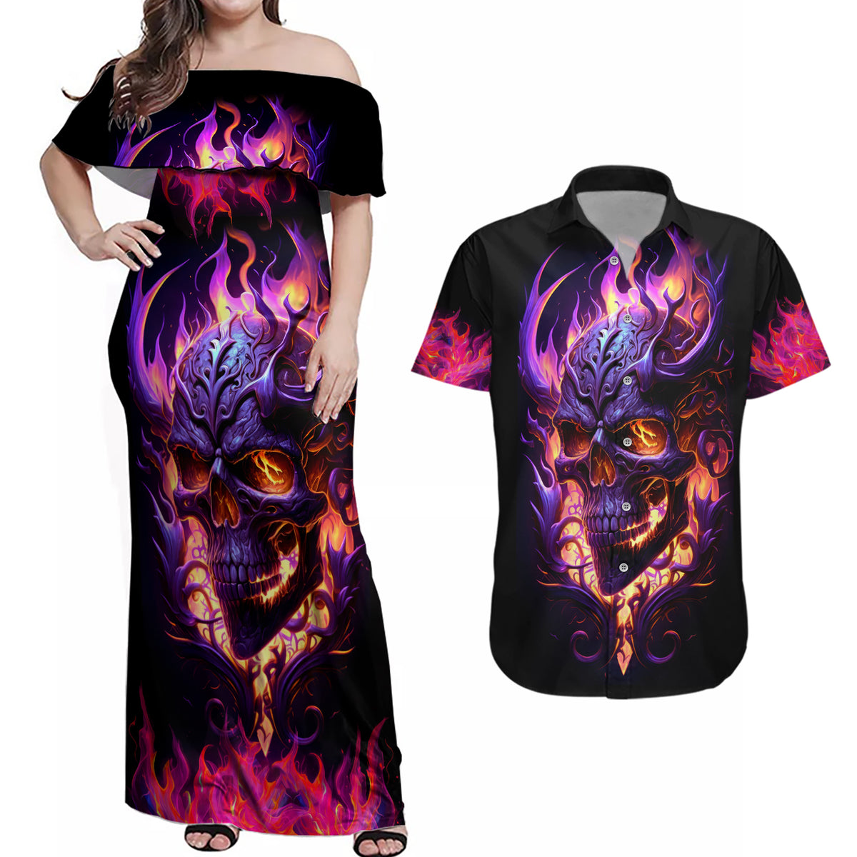 Skull Couples Matching Off Shoulder Maxi Dress and Hawaiian Shirt Purple Skull Fire - Wonder Print Shop