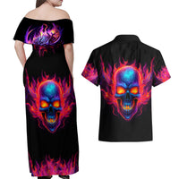 Skull Couples Matching Off Shoulder Maxi Dress and Hawaiian Shirt Purple Skull Fire - Wonder Print Shop