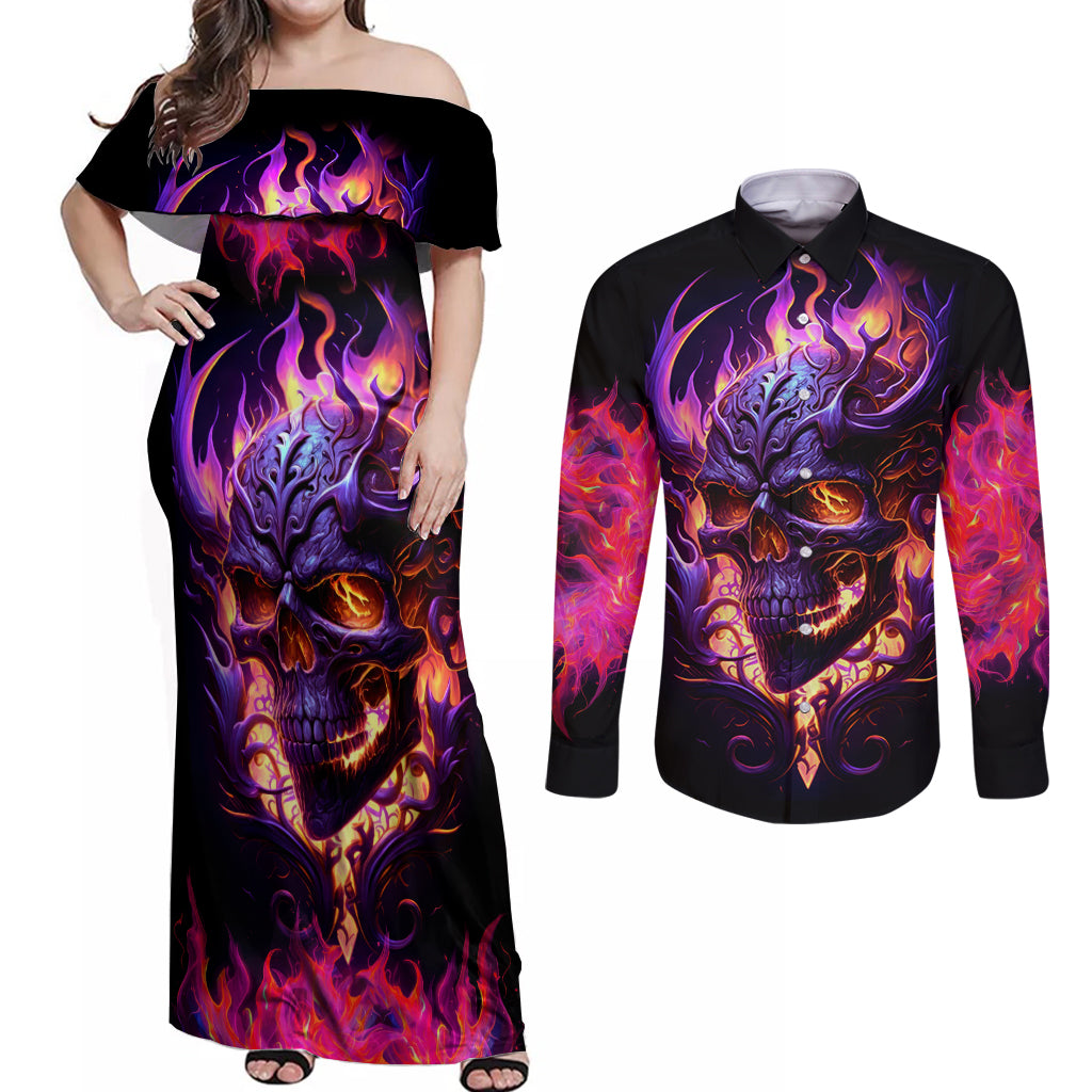 Skull Couples Matching Off Shoulder Maxi Dress and Long Sleeve Button Shirts Purple Skull Fire - Wonder Print Shop