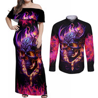 Skull Couples Matching Off Shoulder Maxi Dress and Long Sleeve Button Shirts Purple Skull Fire - Wonder Print Shop