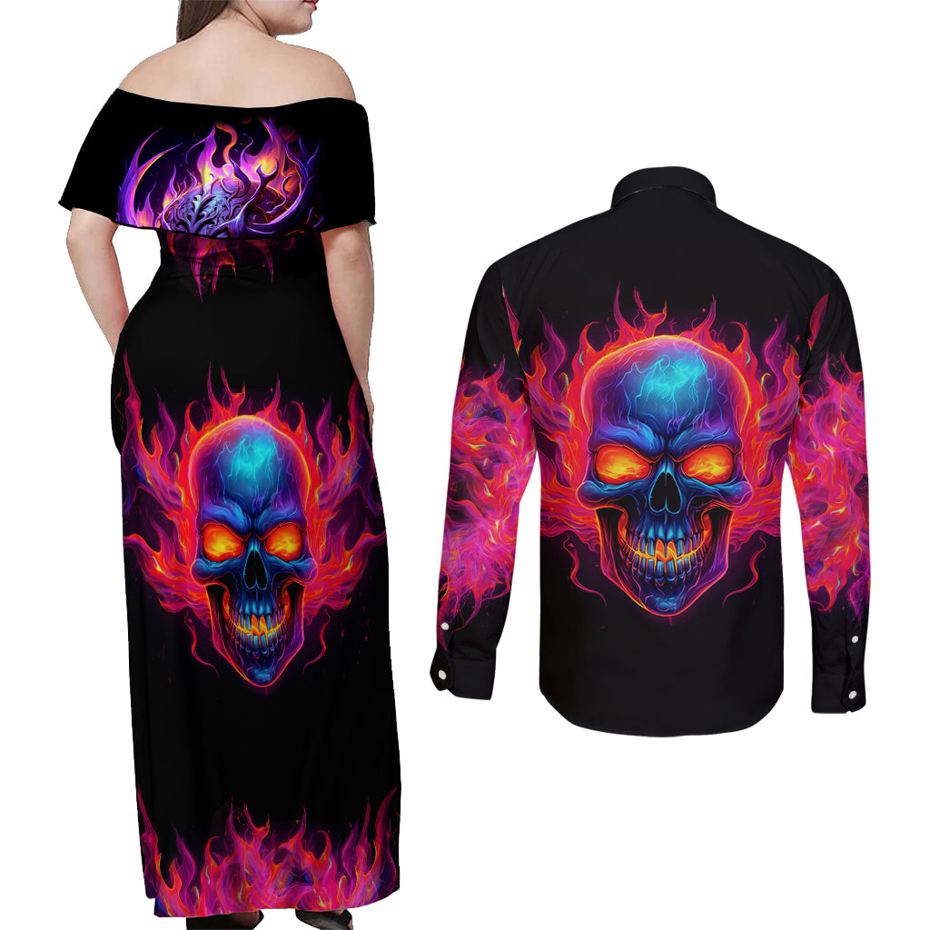 Skull Couples Matching Off Shoulder Maxi Dress and Long Sleeve Button Shirts Purple Skull Fire - Wonder Print Shop