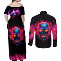 Skull Couples Matching Off Shoulder Maxi Dress and Long Sleeve Button Shirts Purple Skull Fire - Wonder Print Shop