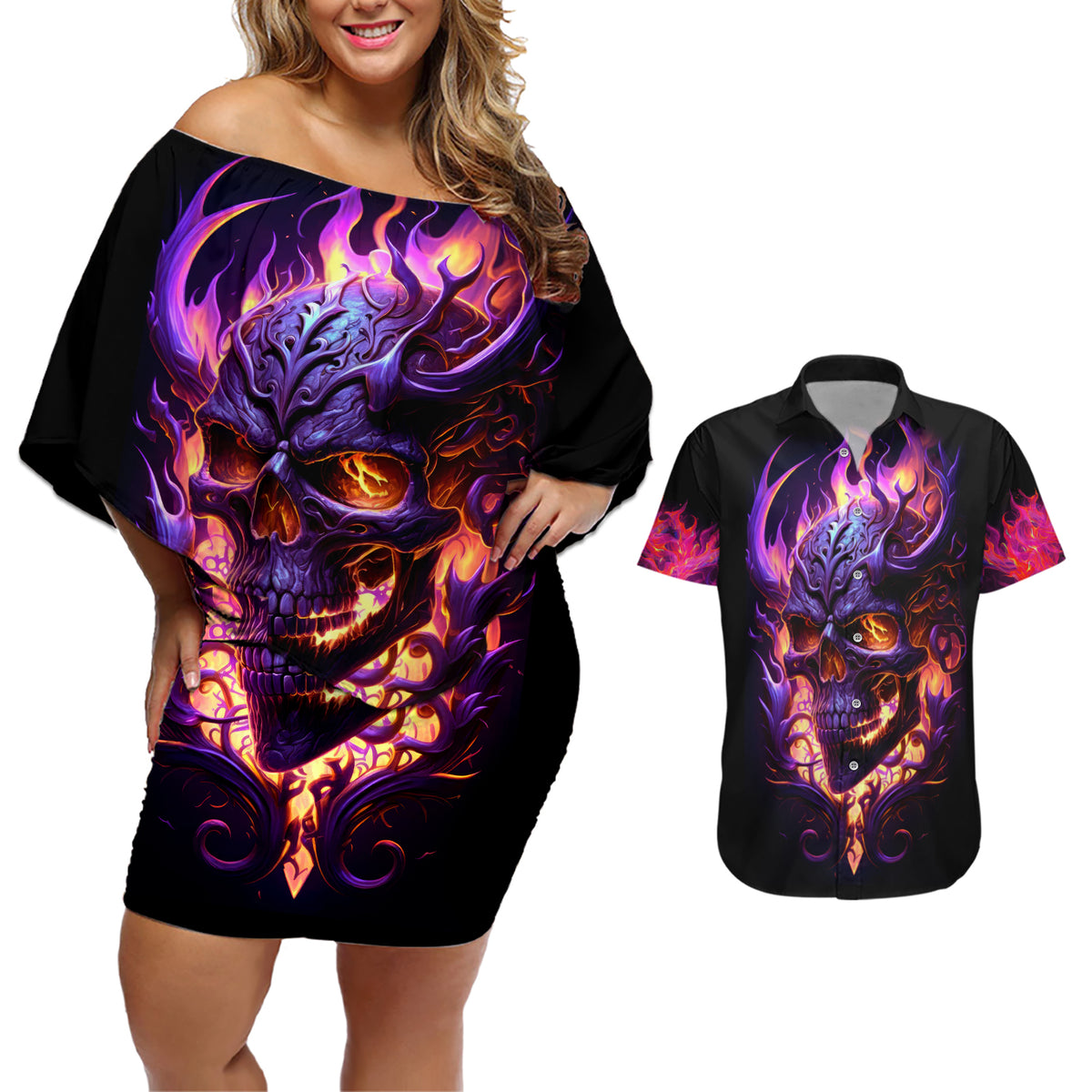 Skull Couples Matching Off Shoulder Short Dress and Hawaiian Shirt Purple Skull Fire - Wonder Print Shop