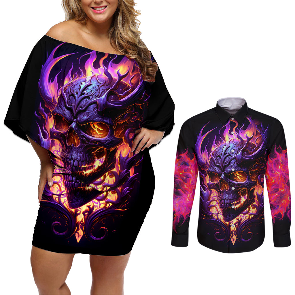 Skull Couples Matching Off Shoulder Short Dress and Long Sleeve Button Shirts Purple Skull Fire - Wonder Print Shop