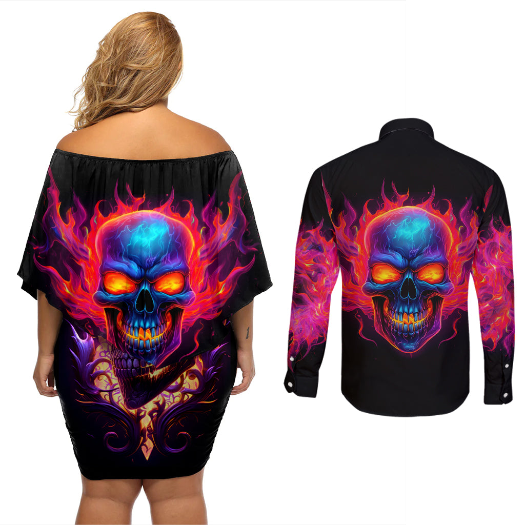 Skull Couples Matching Off Shoulder Short Dress and Long Sleeve Button Shirts Purple Skull Fire - Wonder Print Shop