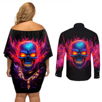 Skull Couples Matching Off Shoulder Short Dress and Long Sleeve Button Shirts Purple Skull Fire - Wonder Print Shop