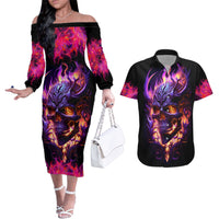 Skull Couples Matching Off The Shoulder Long Sleeve Dress and Hawaiian Shirt Purple Skull Fire - Wonder Print Shop