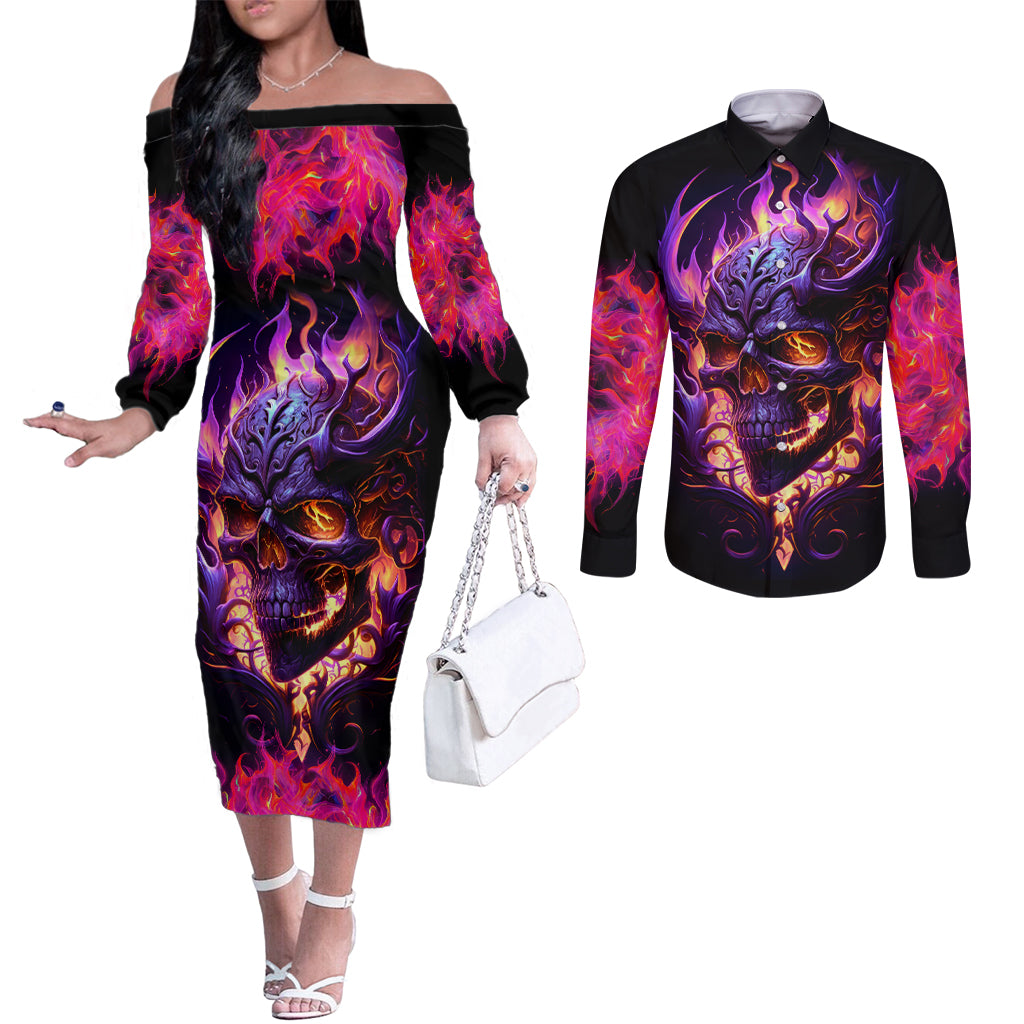 Skull Couples Matching Off The Shoulder Long Sleeve Dress and Long Sleeve Button Shirts Purple Skull Fire DT01