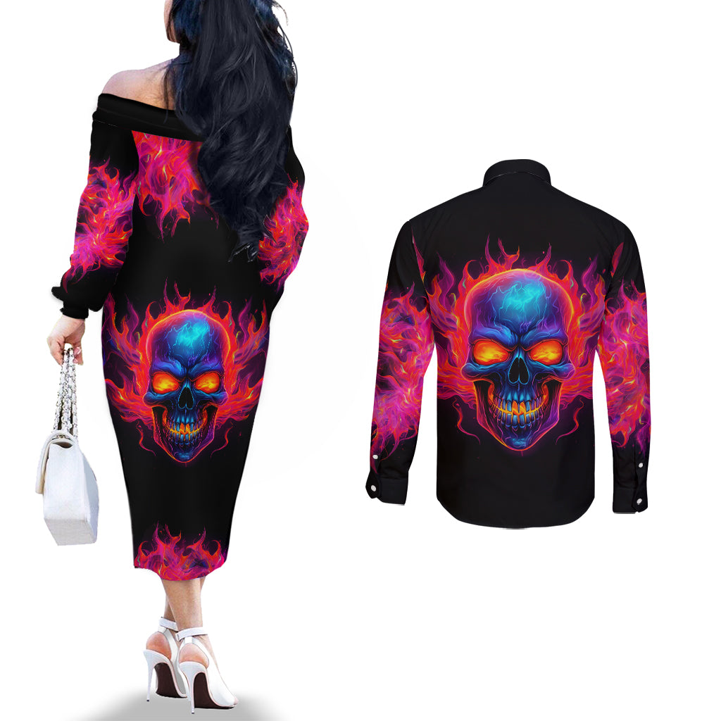 Skull Couples Matching Off The Shoulder Long Sleeve Dress and Long Sleeve Button Shirts Purple Skull Fire DT01